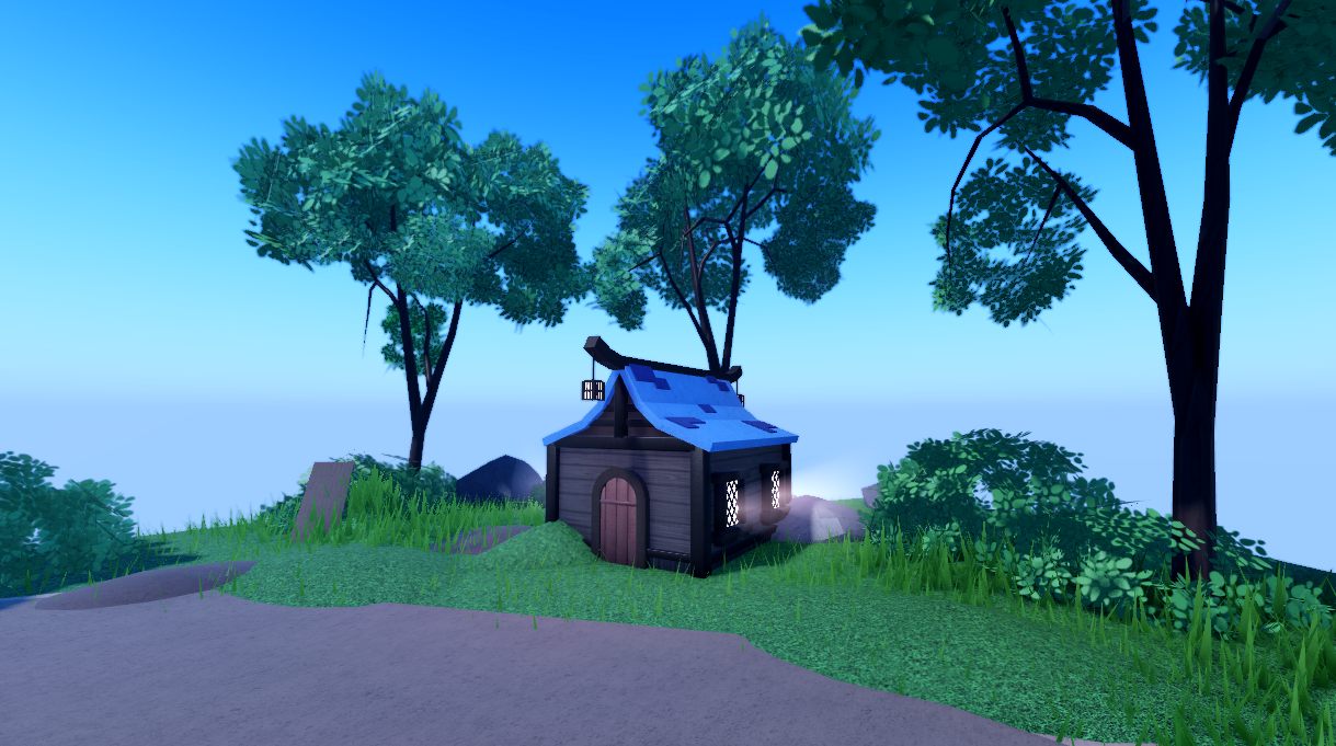 A blue-roofed house at dusk