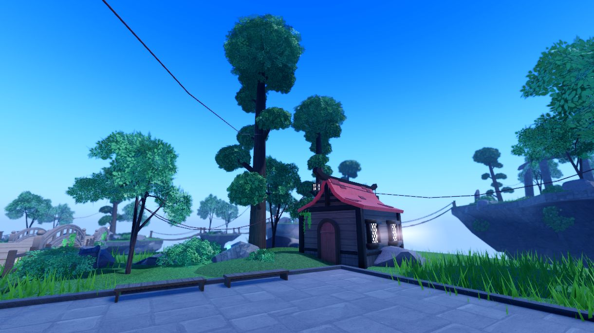 A red-roofed house on an island
