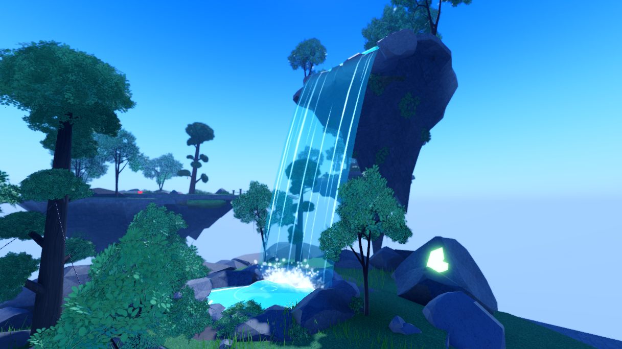 A glowing waterfall on one of the islands